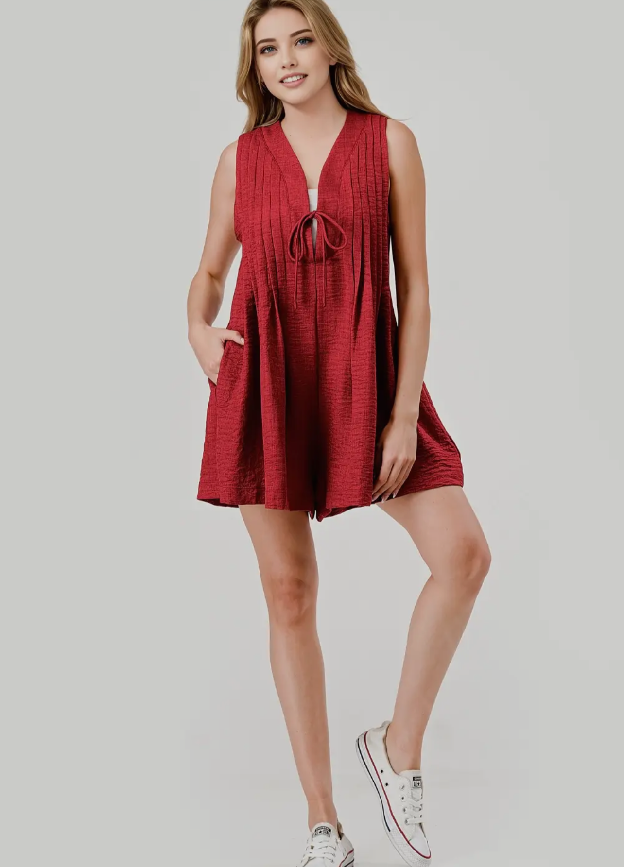 Crimson Vibe Denim Romper