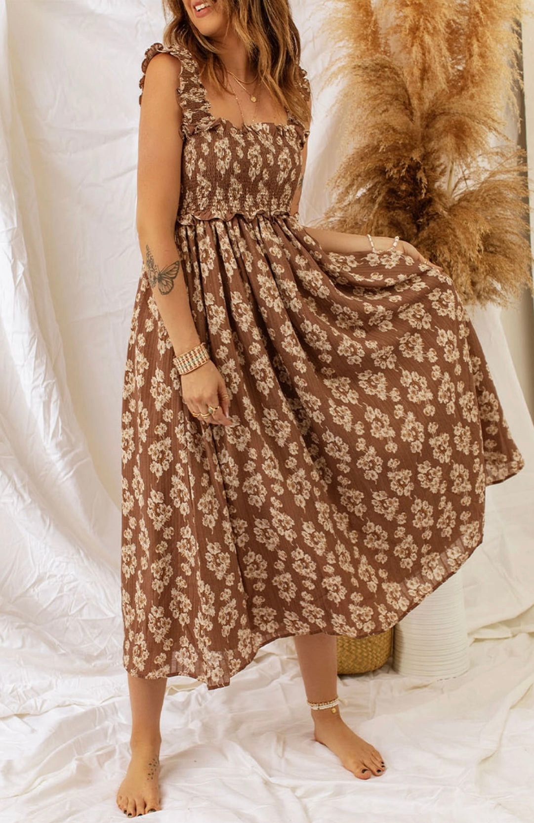 Ruffled Fields Smocked Floral Maxi Dress